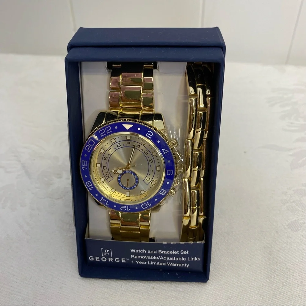 GEOGRE GOLD ADJUSTABLE/REMOVEABLE LINKS MEN'S WATCH & BRACLET SET